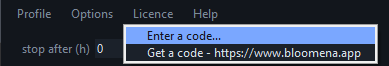 The client's Licence menu, open on the Enter a code option.